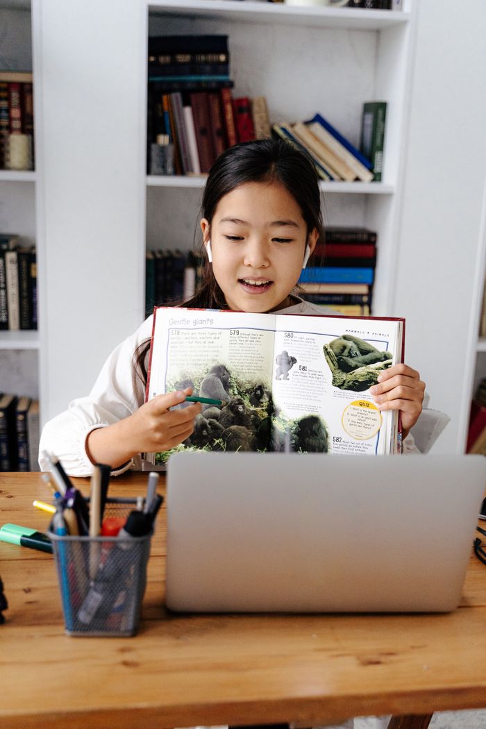 Girl studying online with a laptop and book, illustrating virtual education.